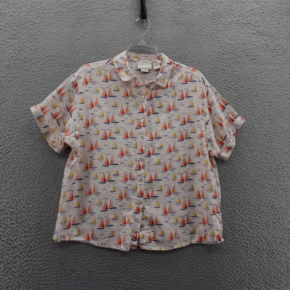 Cynthia‎ Rowley Sailboat Linen Top Large Ivory Orange Womens Button Down Beach